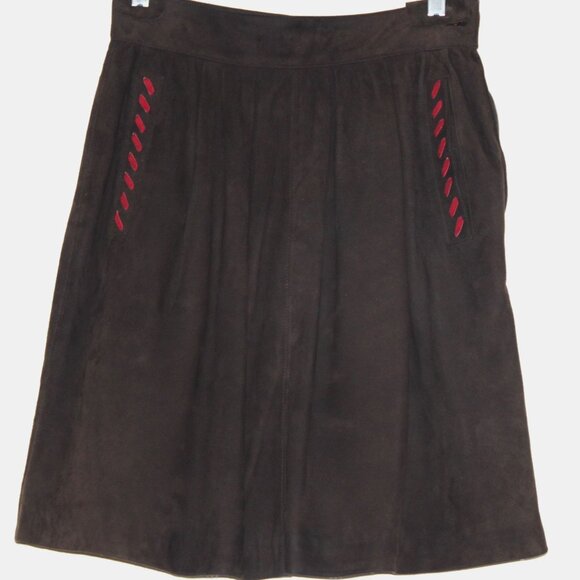 Yves Saint Laurent VTG Skirt Brown Suede Leather Red Whipstitch France Size 38 - Picture 1 of 10